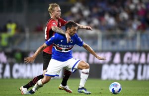 Sampdoria-Milan: Simon Kjaer e Manolo Gabbiadini (Photo Credit: Agenzia Fotogramma)