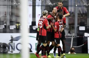 Milan: Zlatan Ibrahimovic, Alexis Saelemaekers, Brahim Diaz, Rafael Leao, Alessandro Florenzi (Photo Credit: Agenzia Fotogramma)