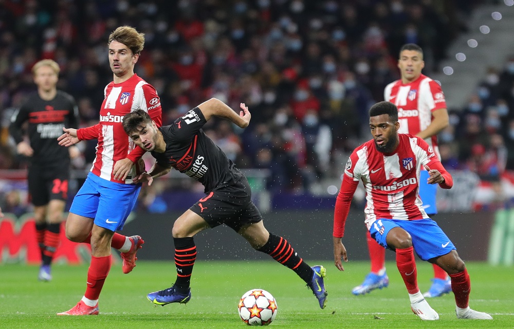 Atletico Madrid-Milan: Brahim Diaz, Antoine Griezmann e Thomas Lemar (Photo Credit: Agenzia Fotogramma)