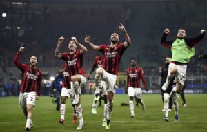 Inter-Milan: L'esultanza di Giroud, Romagnoli, Calabria e Florenzi dopo la vittoria (Photo Credit: Agenzia Fotogramma)