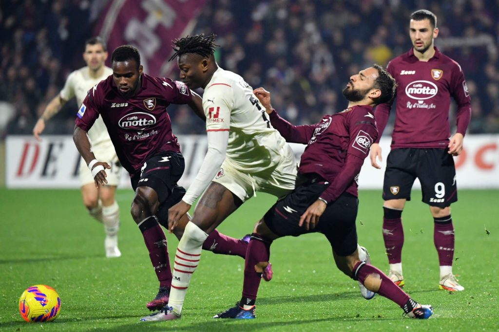 Salernitana-Milan: Rafael Leao, Lassana Coulibaly, Grigoris Kastanos (Photo Credit: Agenzia Fotogramma)