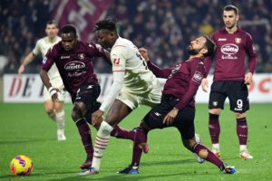 Salernitana-Milan: Rafael Leao, Lassana Coulibaly, Grigoris Kastanos (Photo Credit: Agenzia Fotogramma)