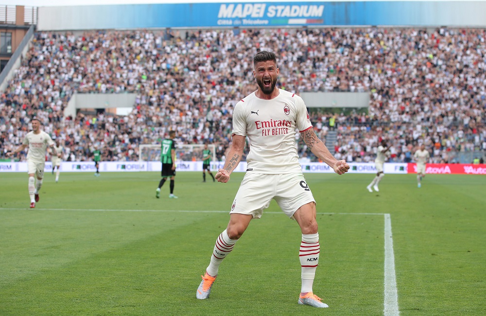 Giroud Sassuolo-Milan: L'esultanza di Olivier Giroud (Photo Credit: Agenzia Fotogramma)