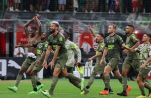 Milan-Bologna: Rafael Leao, Pierre Kalulu, Olivier Giroud, Ismael Bennacer, Tommaso Pobega, Junior Messias, Brahim Diaz (Photo Credit: Agenzia Fotogramma)