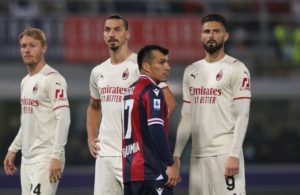 Milan: Zlatan Ibrahimovic, Olivier Giroud, Simon Kjaer (Photo Credit: Agenzia Fotogramma)