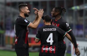 Milan: Olivier Giroud, Ismael Bennacer, Rafael Leao (Photo Credit: Agenzia Fotogramma)
