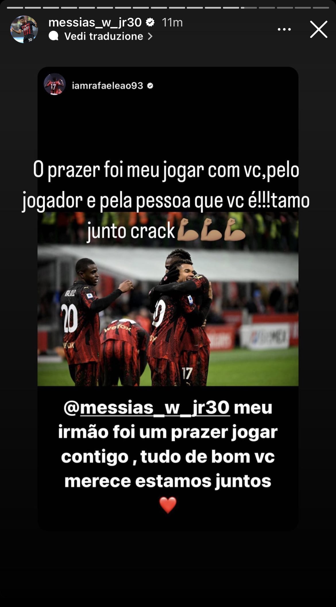 La risposta di Junior Messias alla story Instagram di Rafael Leao