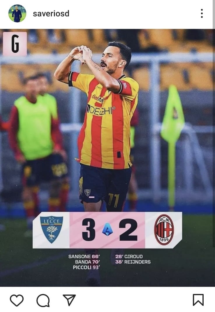 Il post Instagram del presidente del Lecce Saverio Sticchi Damiani