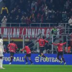 Milan-Roma: l'esultanza della squadra dopo il gol di Yacine Adli (Photo Credit: Agenzia Fotogramma)