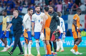 Olanda-Francia: Tijjani Reijnders, Theo Hernandez, Olivier Giroud, Mike Maignan (Photo Credit: Agenzia Fotogramma)