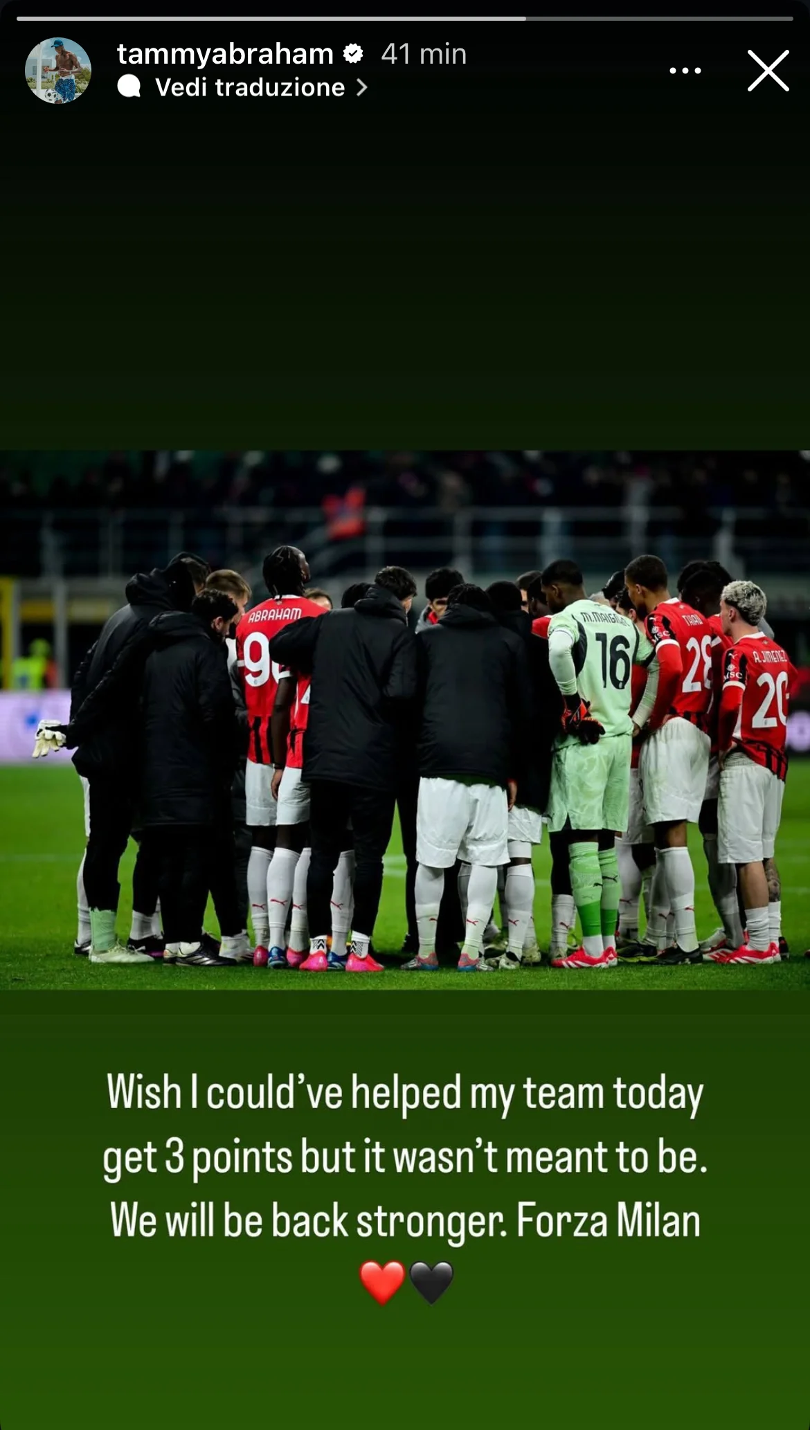 La story Instagram di Tammy Abraham dopo Milan-Cagliari La story Instagram di Tammy Abraham dopo Milan-Cagliari
