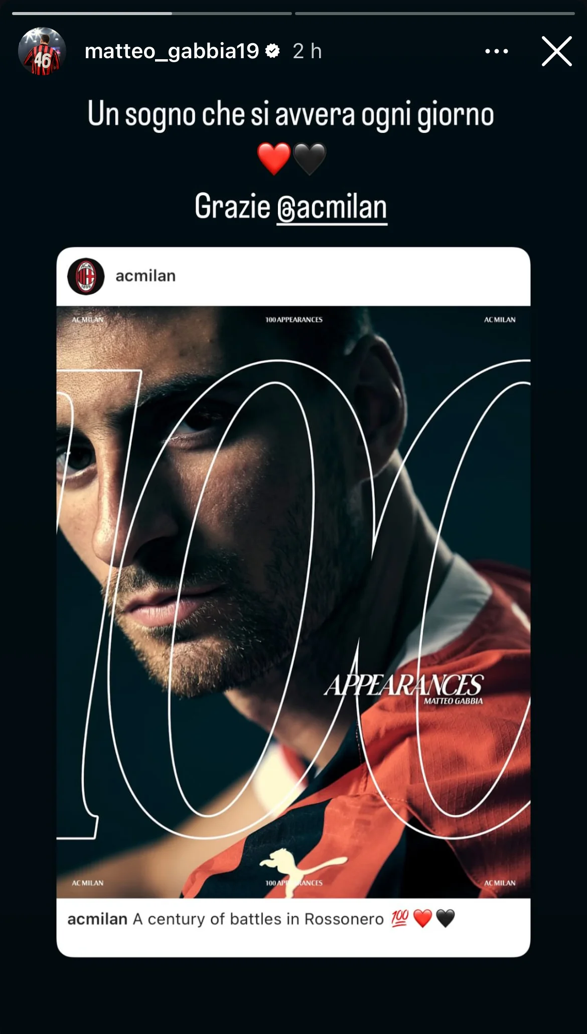 La story Instagram di Matteo Gabbia che festeggia le 100 presenze con la maglia del Milan La story Instagram di Matteo Gabbia che festeggia le 100 presenze con la maglia del Milan