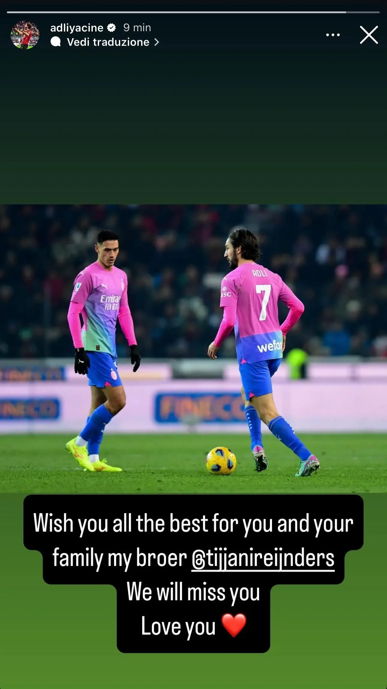 La story Instagram di Yacine Adli per l'addio di Tijjani Reijnders La story Instagram di Yacine Adli per l'addio di Tijjani Reijnders