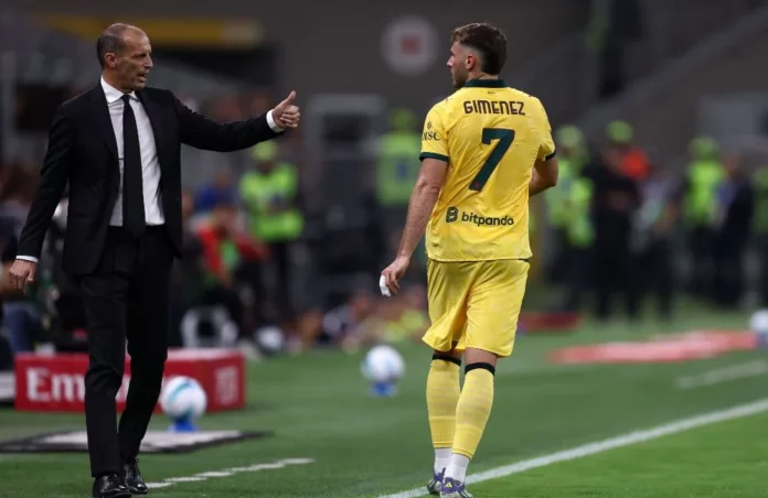 Milan: Massimiliano Allegri e Santiago Gimenez (Photo Credit: Marco Canoniero / Shutterstock via IPA Agency)