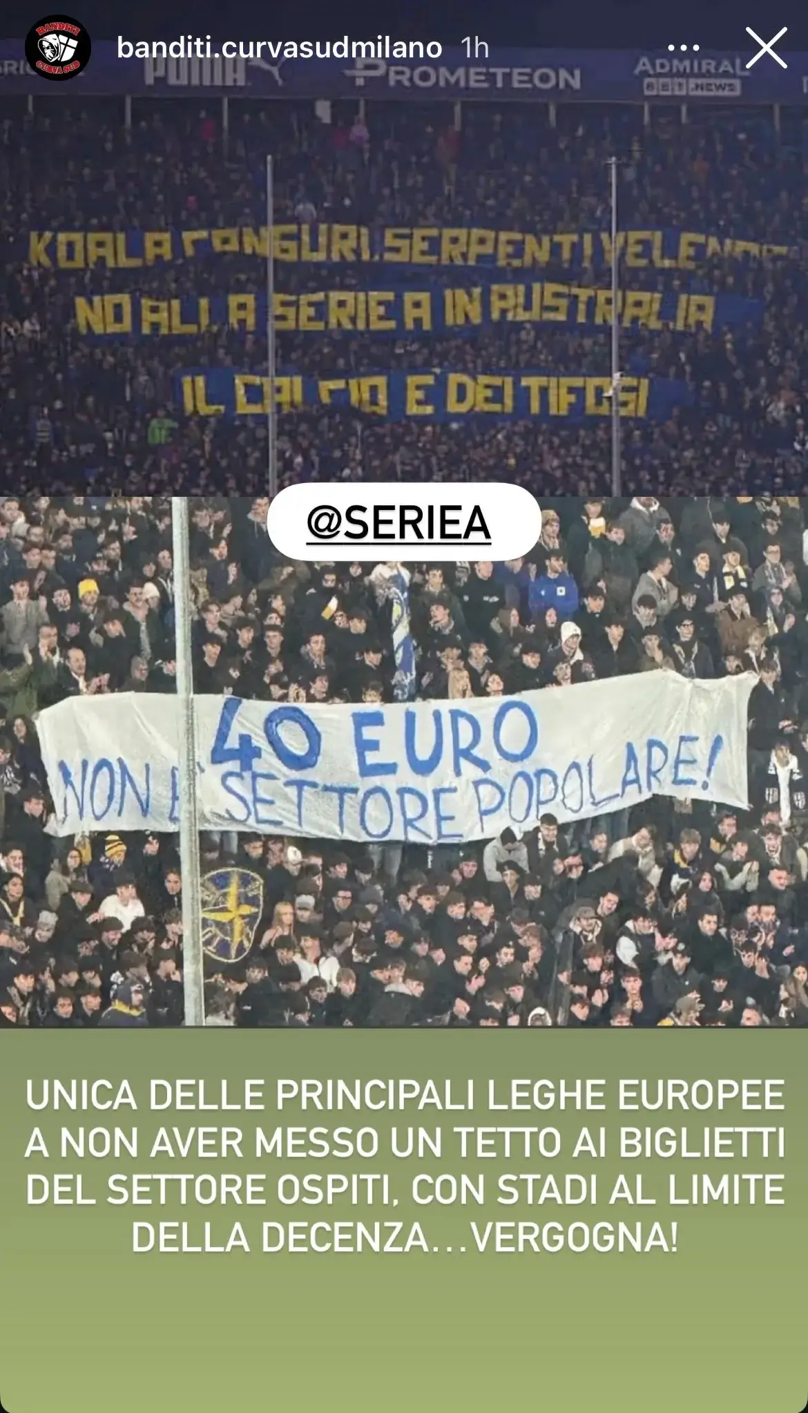 La story Instagram della Curva Sud contro Lega Serie A La story Instagram della Curva Sud contro Lega Serie A