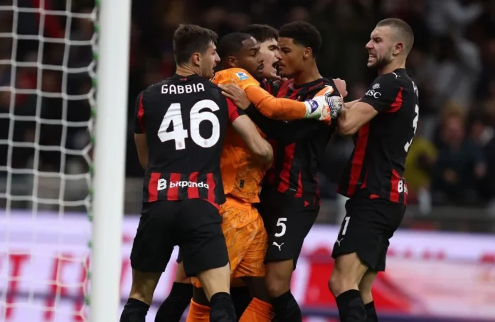 Milan-Roma: l'esultanza di Matteo Gabbia, Koni De Winter, Strahinja Pavlovic e Davide Bartesaghi al rigore parato da Mike Maignan (Photo Credit: Marco Canoniero / Shutterstock via IPA Agency)