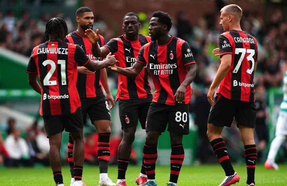 Celtic-Milan: Samuel Chukwueze, Ruben Loftus-Cheek, Youssouf Fofana e Yunus Musah esultano al gol di Francesco Camarda (Photo Credit: Andrew Milligan / PA Wire / PA Images via IPA Agency)
