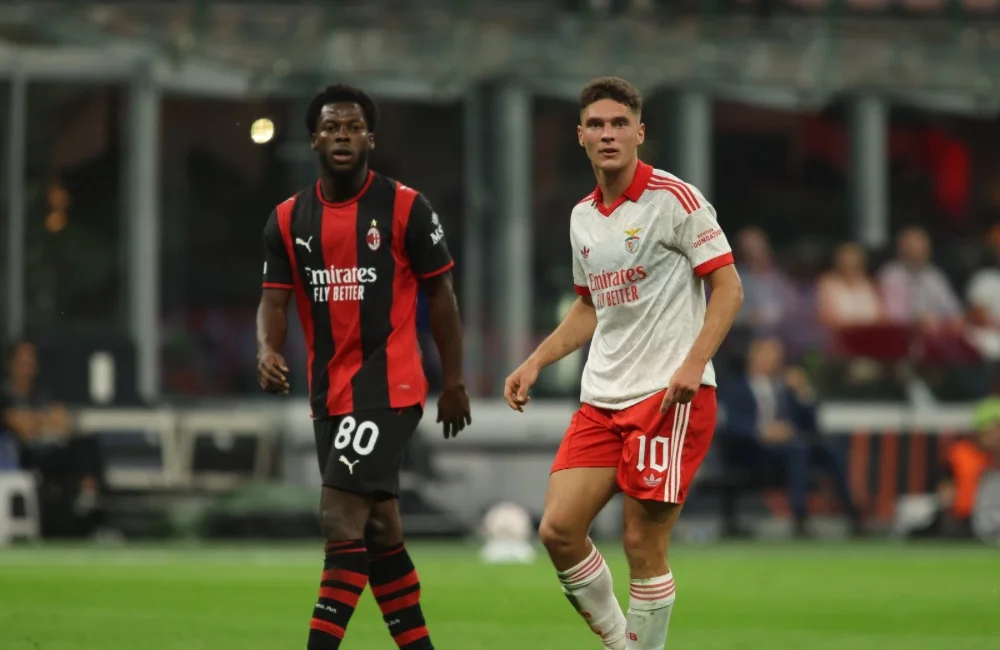 Milan-Benfica: Yunus Musah, Heorhij Sudakov (Photo Credit: Nderim Kaceli / IPA Sport / IPA via IPA Agency)